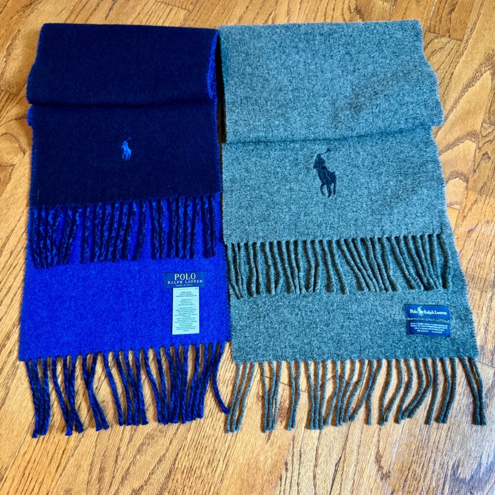 Polo Ralph Lauren Scarf Lot 2 Made in Italy Lambswool Virgin Wool Pony Logo Luxe